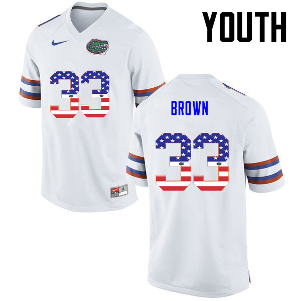 Youth Florida Gators #33 Mack Brown College Football USA Flag Fashion Jerseys-White - Click Image to Close